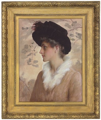 Retrato de una dama, medio cuerpo, con sombrero negro y estola de piel, 1888 de George Henry Boughton