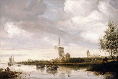 Un paisaje fluvial con barcazas y veleros y una iglesia al fondo de George Henry Clements