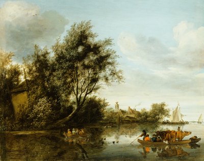Un paisaje fluvial con un pajar entre árboles y un ferry con pasajeros y ganado de George Henry Clements