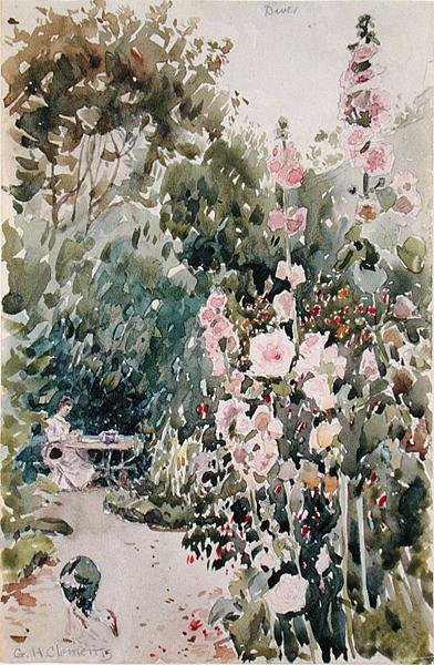 Té en el jardín de malvarrosas, Dives, c.1890 de George Henry Clements