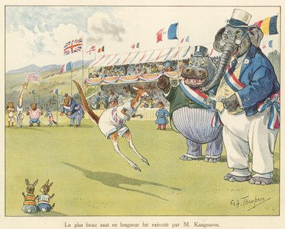 El mejor salto de longitud fue ejecutado por M Kangourou (litografía en color) de George Henry Thompson