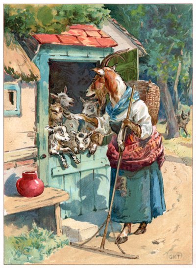 Madre cabra y sus pequeños, ilustración de "Érase una vez" publicada por Ernest Mister, c.1900 (litografía en color) de George Henry Thompson