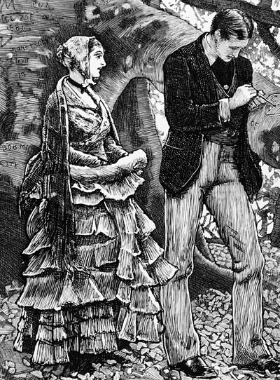 Ilustración que muestra a una mujer rechazando una propuesta de un hombre de George Housman Thomas