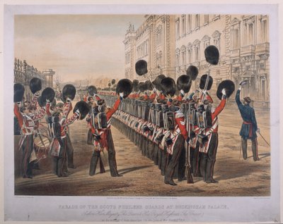 Desfile de los Guardias Fusileros Escoceses en el Palacio de Buckingham en la mañana de su partida hacia el frente de guerra, 2 de marzo de 1854, grabado por E. Walker, publicado por Colnaghi und Co., 1854 de George Housman Thomas