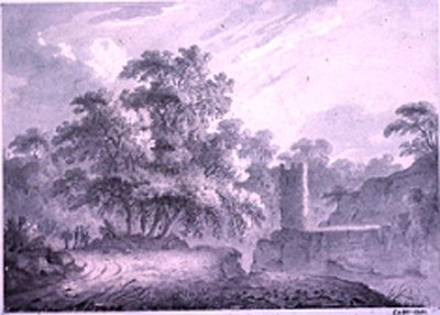 Un camino rural con viajeros junto a una torre, construida en un acantilado rocoso, en Marino, cerca del lago Albano de George Howland Beaumont