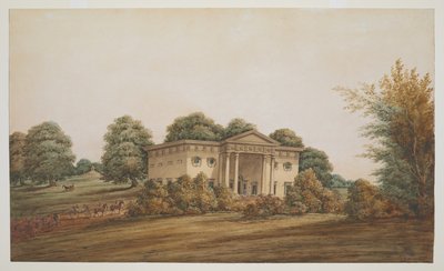 Una casa de jardín paladiana en un paisaje similar a un parque, Delhi, con un carruaje y escoltas acercándose de George Hutchinson