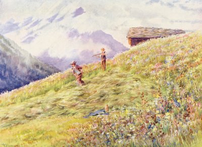 Recolección de heno en Champex a mediados de julio (litografía en color) de George Jackson Flemwell