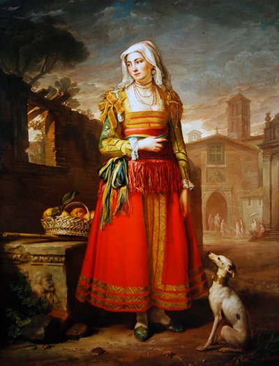 Retrato de una dama, de cuerpo entero, vestida con traje italiano de George James