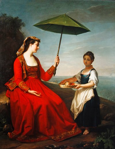Retrato de una dama, de cuerpo entero, sentada en una roca de George James