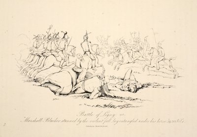 Batalla de Ligny: Marshall Blucher aturdido por la violenta caída quedó enredado bajo su caballo, pub J. Booth, 1816 de George Jones