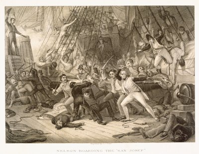 Horatio Nelson abordando el San Josef en la Batalla del Cabo de San Vicente, 14 de febrero de 1797, grabado por John Crew después del original en la Colección del Hospital de Greenwich de George Jones