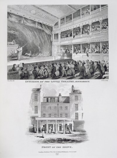Interior del Pequeño Teatro, Haymarket en Londres y el Frente del Mismo, grabado por James Stow de George Jones