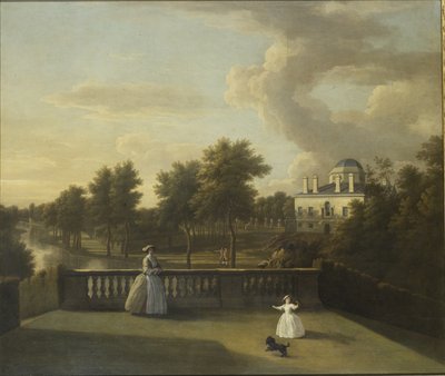 Vista de la Villa Chiswick desde un balcón sobre la cascada con el lago de George Lambert
