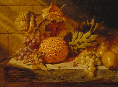 Uvas Negras y Blancas, Peras, Grosellas Rojas y una Piña en un Alfeizar, 1845 de George Lance