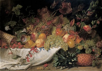 Frutas y flores en un borde de piedra, 1829 de George Lance