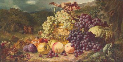 Naturaleza muerta con frutas en un paisaje, una partida de caza más allá, 1859 de George Lance