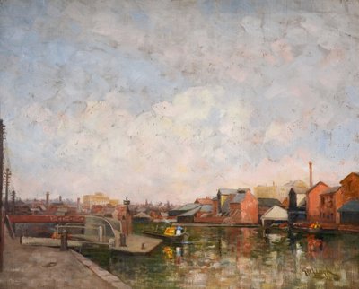 Una esclusa del canal de Birmingham, 1920-30. Vista de Cambrian Wharf en Ladywood de George Leonard Leigh
