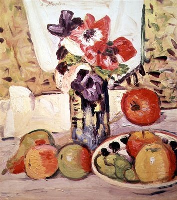 Naturaleza muerta de anémonas y manzanas de George Leslie Hunter