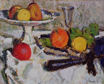 Naturaleza muerta de frutas sobre un mantel blanco, 1921 de George Leslie Hunter