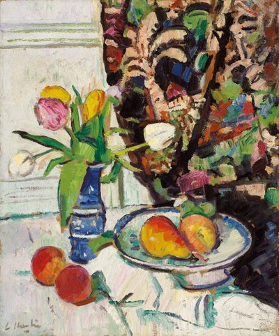 Naturaleza muerta con tulipanes y frutas de George Leslie Hunter