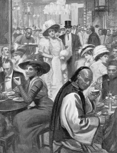 La Última Moda de la Sociedad Americana, Neoyorquinos Cenando en un Restaurante Chino, ilustración de 
