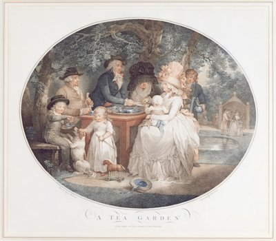 Un Jardín de Té, grabado a color después de Morland por Francois David Saron de George Morland