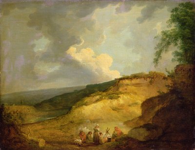 Un extenso paisaje montañoso con un campamento gitano en primer plano de George Morland