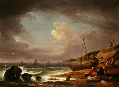 Escena costera con hombres reparando un bote de George Morland