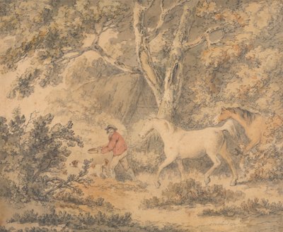 Paisaje con caballos, granjero y perro de George Morland