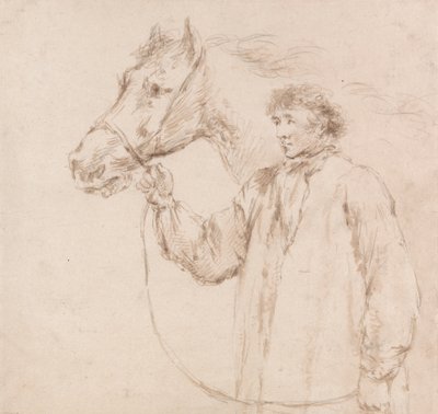 Hombre sujetando al caballo por la brida de George Morland