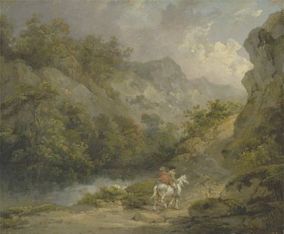 Paisaje rocoso con dos hombres en un caballo de George Morland
