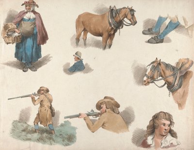 Conjunto de cinco: Ocho estudios: Mujer con cesta, Caballo de carro cegado, etc. de George Morland