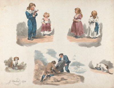 Conjunto de cinco: Estudios de niños, un perro, un gato, etc. de George Morland