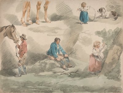 Conjunto de cinco: Estudios de niñas, uno jugando con aro, otro recogiendo bayas, hombre y caballo, etc. de George Morland