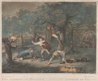 Juego de cuatro: Niños robando en un huerto de George Morland