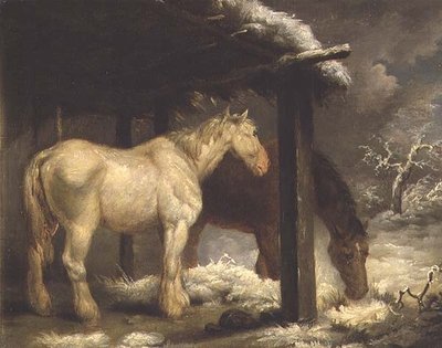 Caballos de tiro junto a un refugio de paja en un paisaje invernal tormentoso de George Morland