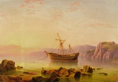 Un barco anclado en una bahía al atardecer de George Mounsey Wheatley Atkinson