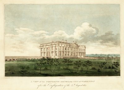 Una vista de la Casa del Presidente en la Ciudad de Washington después del incendio del 24 de agosto de 1814, pub. 1814 de George Moutard Woodward