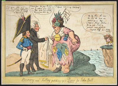 Boney y Talley arreglando una pieza para John Bull, pub. 1806 (grabado coloreado a mano) de George Moutard Woodward