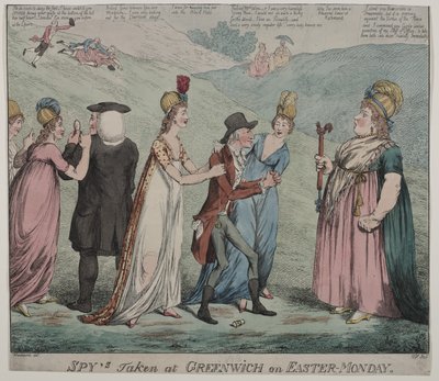 Madre Windsor con cuatro de sus cortesanas, ordena a sus chicas arrestar al obispo de Durham y al duque de Queensbury, 1798 de George Moutard Woodward