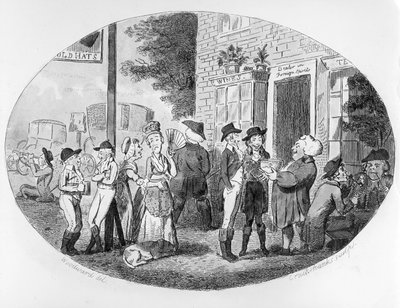 Fuera de la Antigua Taberna de Sombreros, grabado por Isaac Cruikshank, 1796 de George Moutard Woodward