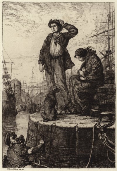 Una joven familia emigrante esperando en los muelles de George Percy Jacomb Hood