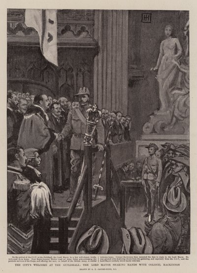 La Bienvenida de la Ciudad en el Guildhall, el Alcalde estrechando la Mano del Coronel Mackinnon de George Percy Jacomb Hood