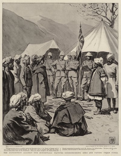 La expedición contra los Bunerwals, nativos entregando armas y pagando sus multas de George Percy Jacomb Hood