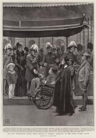 El rey distribuyendo medallas de Sudáfrica a la Caballería Imperial en el Desfile de la Guardia de Caballos de George Percy Jacomb Hood