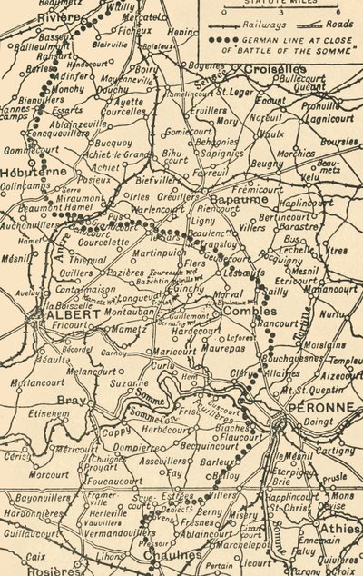 Mapa para ilustrar la Batalla del Somme de George Philip and Son Ltd
