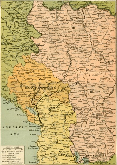 Mapa para ilustrar la retirada serbia, 1919 de George Philip and Son Ltd