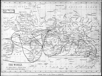 Mapa del mundo mostrando rutas de navegación y cables telegráficos de George Philip and Son Ltd