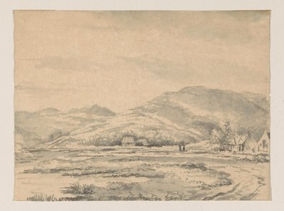 Paisaje de colinas con algunas casas y un río a la izquierda de George Pieter Westenberg
