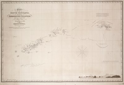 Carta de las Shetland del Sur incluyendo la Isla Coronación, de la exploración de la balandra Dove en los años 1821 y 1822 por George Powell Comandante de la misma. de George Powell